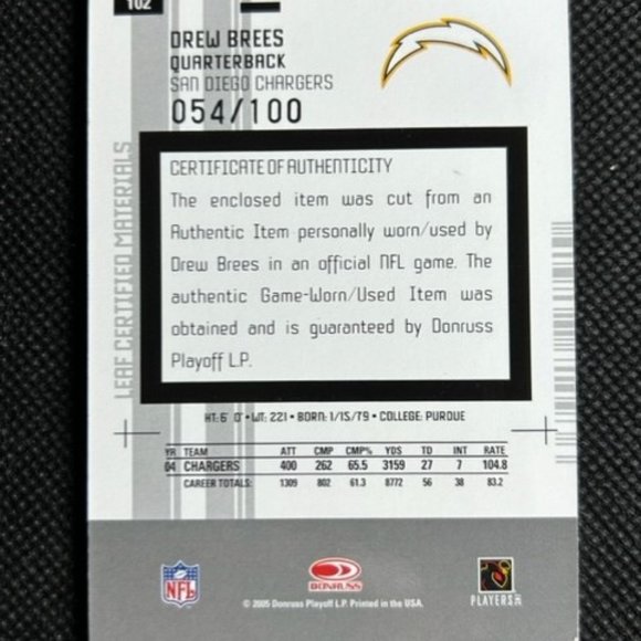 2005 LEAF CERTIFIED MIRROR RED #102 DREW BREES SAINTS /100 SP SAN DIEGO CHARGERS - Picture 2 of 2